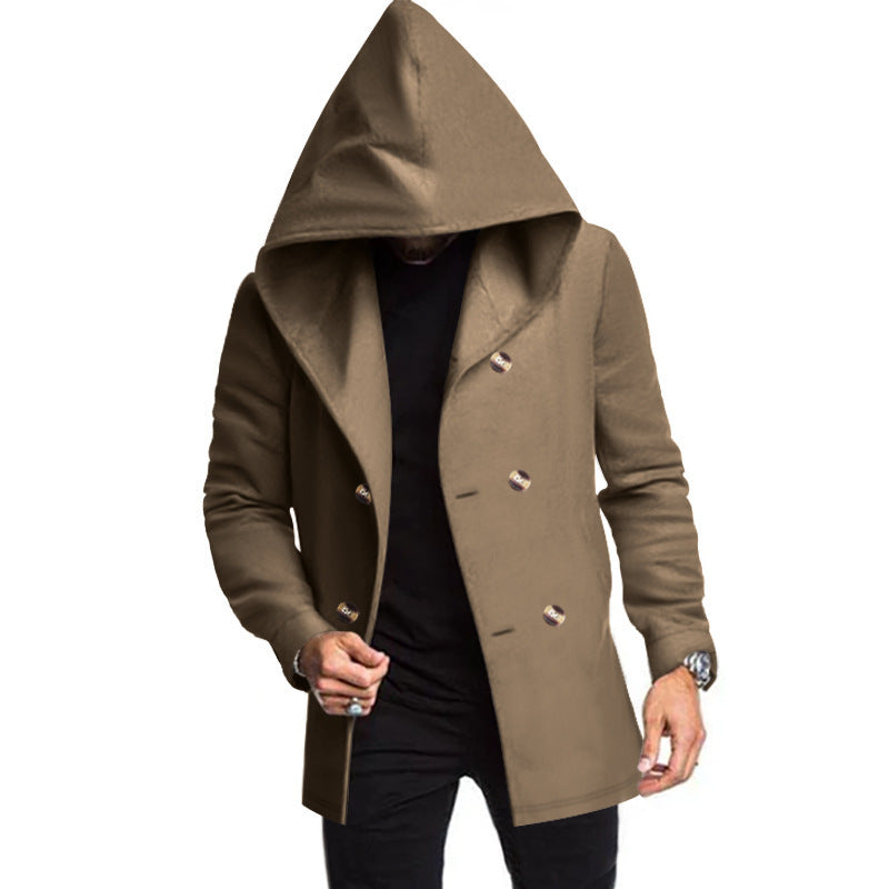 Men's Mid-length Slim Trench Coat Hooded Solid Color Coat