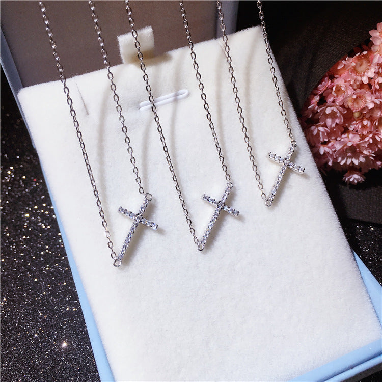 925 Sterling Silver Sideways CZ Cross Charm Pendant Necklace Women