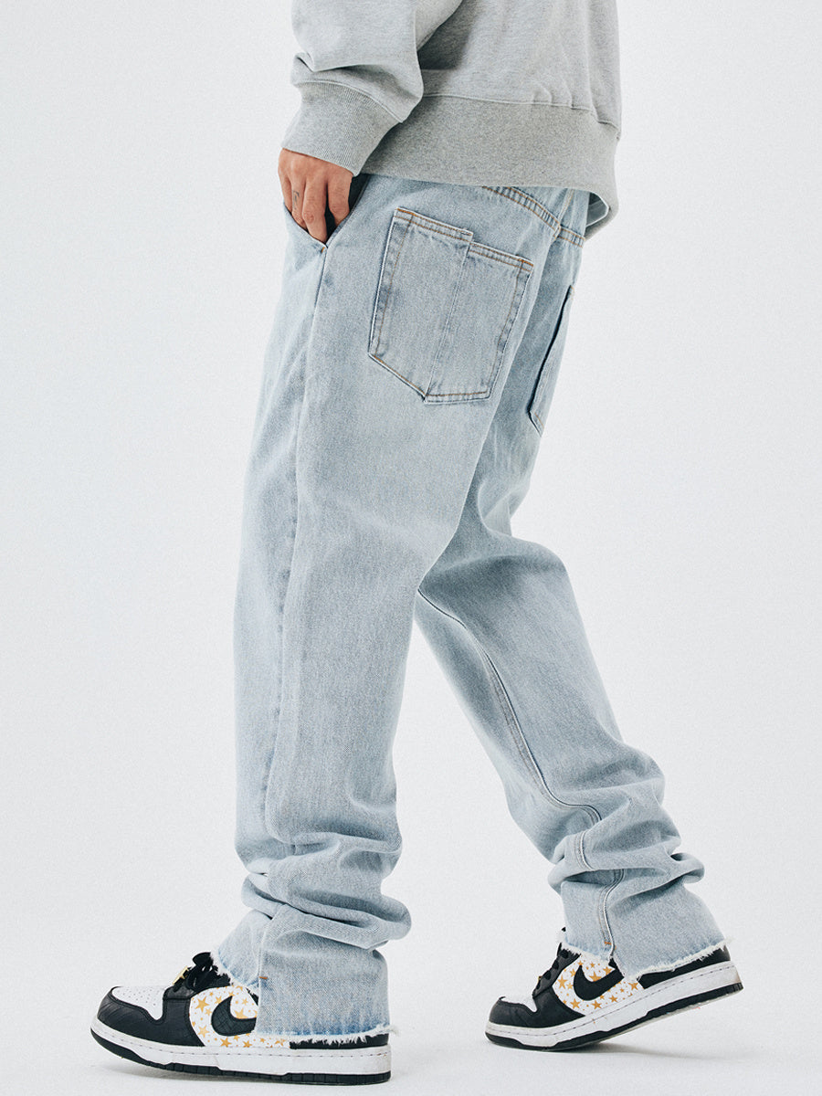 Men's Loose Raw Edge Light Color Straight-leg Jeans