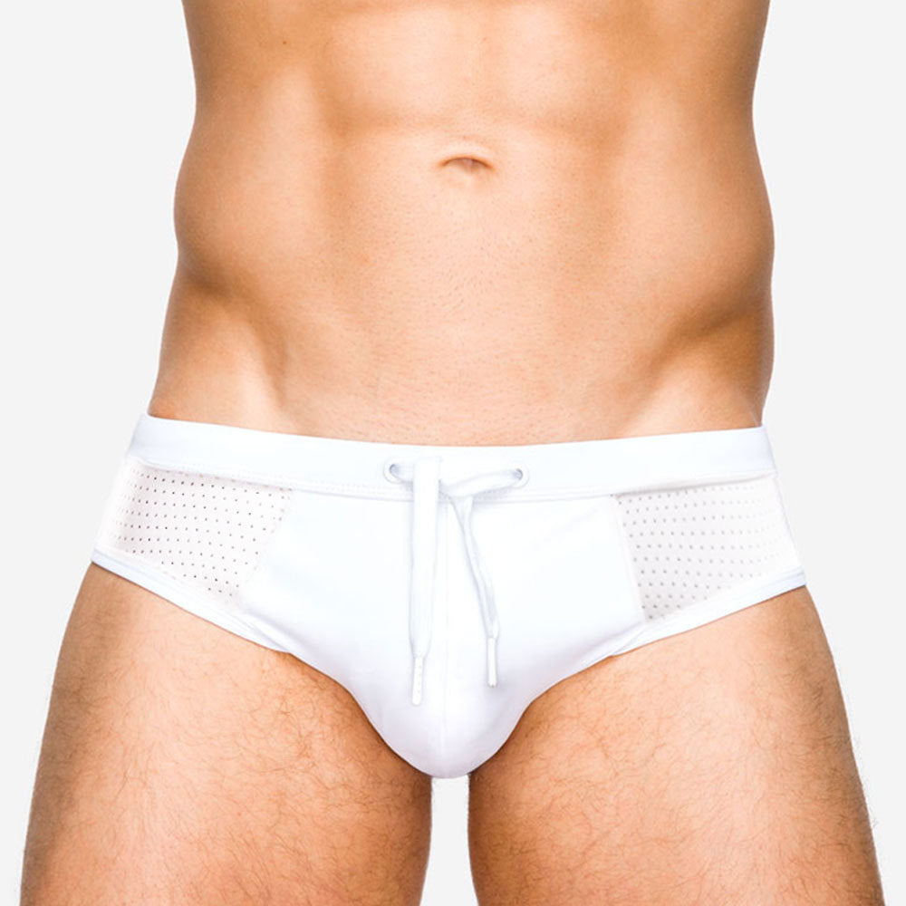 Mesh Stitching White Swim Briefs