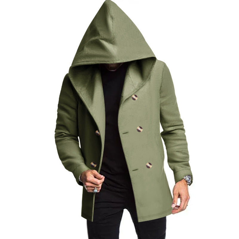 Men's Mid-length Slim Trench Coat Hooded Solid Color Coat