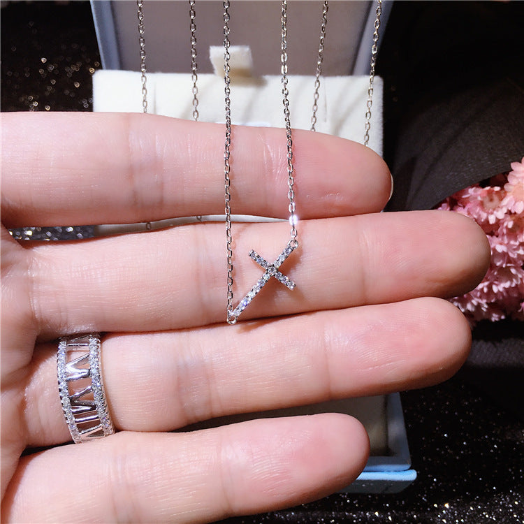 925 Sterling Silver Sideways CZ Cross Charm Pendant Necklace Women