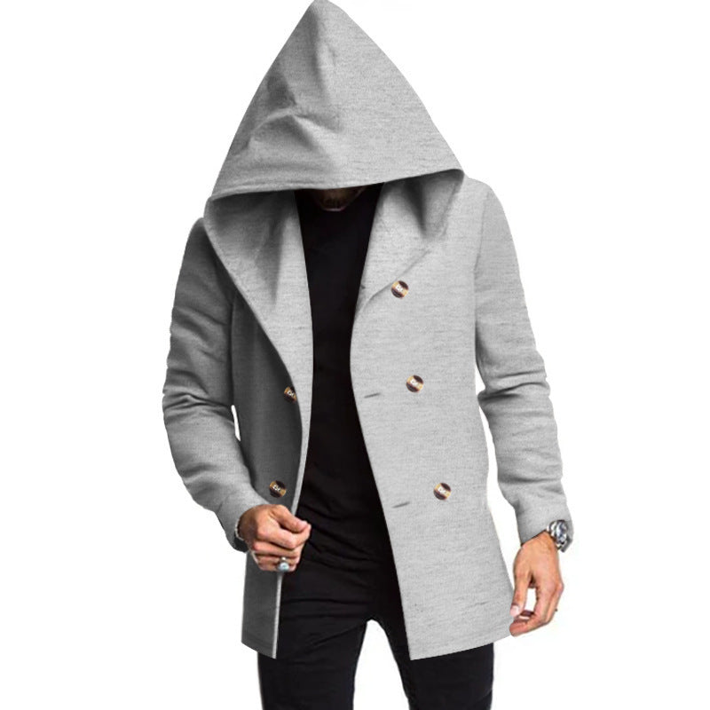 Men's Mid-length Slim Trench Coat Hooded Solid Color Coat