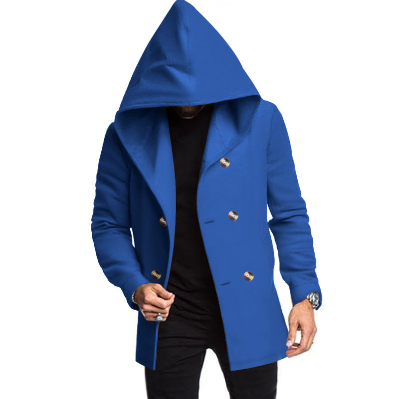 Men's Mid-length Slim Trench Coat Hooded Solid Color Coat