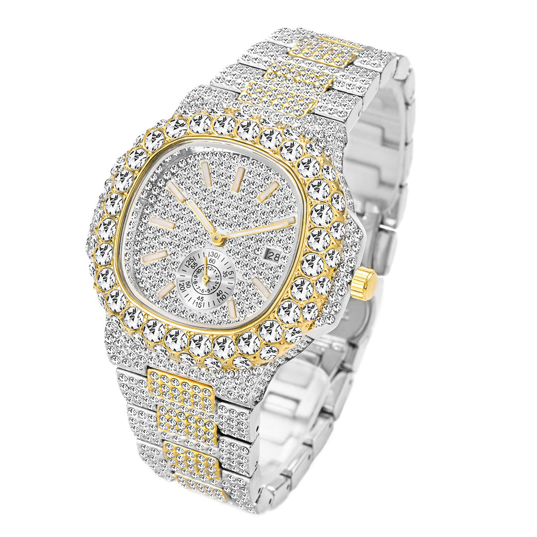 Full Diamond Hip Hop Calendar Luminous Quartz Waterproof Business Men's Gold Watch