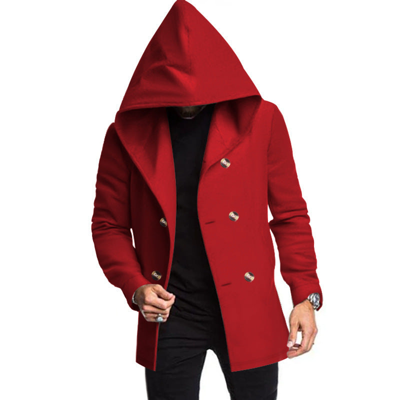 Men's Mid-length Slim Trench Coat Hooded Solid Color Coat