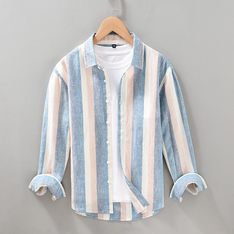 Striped Color Matching Long Linen Sleeves Men's Shirt